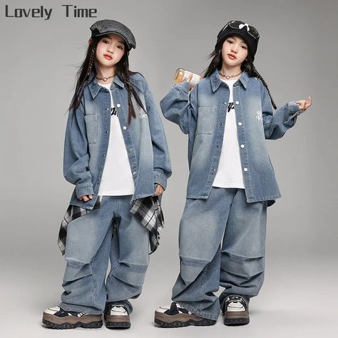 Girls Hip Hop Denim Coat Jeans Street Dance Loose Pants Boys K-pop Streetwear Jacket Child Teens Jazz Clothes, Street Dance Outfits, Jazz Performance, Jazz Outfits, Coated Denim Jeans, Coat Jeans, Hip Hop Clothes, Dance Clothes, Hip Hop Outfits