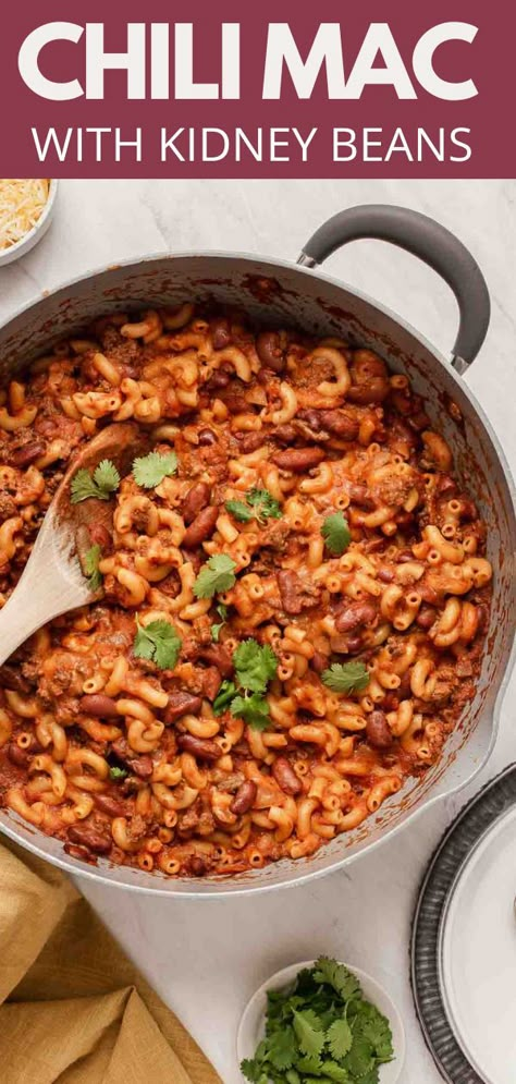 Pasta With Kidney Beans, Recipe With Beans, Easy Chili Mac, Chili Macaroni, Vegan Shredded Cheese, Recipes With Kidney Beans, Chili Mac Recipe, Chili Mac And Cheese, Bean Pasta