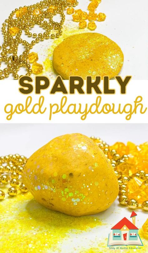 Super Soft Gold Playdough Recipe - Stay At Home Educator Super Soft Playdough Recipe, Pirates Preschool, Soft Playdough Recipe, Leprechaun Hunt, Pirate Preschool, Salt Free Recipes, Homemade Playdough Recipe, Playdough Recipe, Homemade Playdough