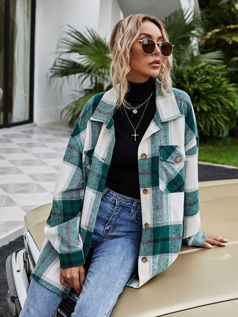 Plaid Button Front Oversized Overshirt | SHEIN ASIA Blue Shirt Women, Satin Shirts, Streetwear Fall, Streetwear Jackets, Oversized Button Down Shirt, Thick Coat, Shirt Streetwear, Flannel Women, Long Sleeve Jacket