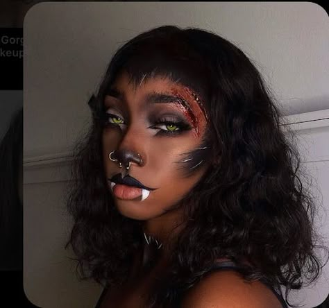 Wolf Makeup Tutorial, Wolf Nose Makeup, Werewolf Female Aesthetic, Werewolf Cosplay Female, She Wolf Costume Makeup, Wolf Costume Women Makeup, Wolf Make Up Halloween, Werewolf Makeup Female Halloween, Female Werewolf Costume