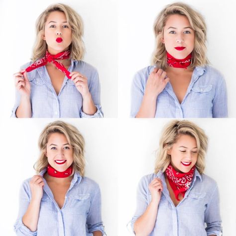 4 Ways to Tie a Neck Scarf Tie A Neck Scarf, Neck Scarf Outfit, How To Tie Bandana, Bandana Neck Scarf, Bandana Outfit, Sunday Clothes, Wear A Scarf, Neck Scarf Tying, Scarf Trends