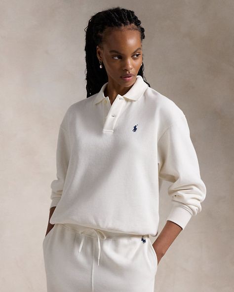 Polo-Collar Fleece Pullover Ralph Lauren Sweatshirt, Women Ralph Lauren, Polo Long Sleeve, Polo Sweatshirt, Collared Sweatshirt, Money Aesthetic, Jumper Shirt, Us Open, Ralph Lauren Polo