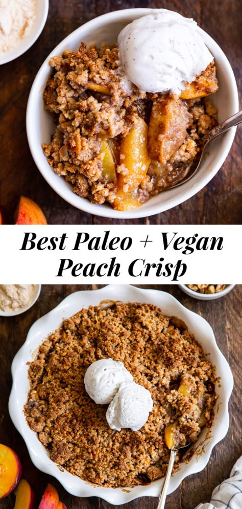 Paleo Peach Crisp, Dessert Peaches, Peaches Baked, Peach Filling, Healthy Vegan Dessert, Crisp Topping, Vegan Peach, Cheesecake Vegan, Vanilla Sauce