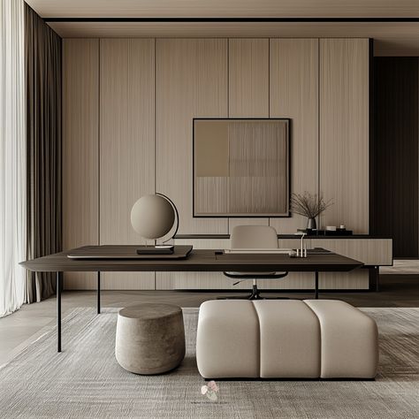 “Serene modernism” This Japandi design embodies a perfect fusion of Japanese minimalism and Scandinavian functionality, showcasing a serene and balanced aesthetic. The use of natural materials, such as light wood and soft fabrics, along with clean, geometric lines, creates a harmonious atmosphere. The neutral palette of soft beiges and earthy tones, combined with low-profile furniture, enhances the sense of calm and tranquility. Subtle textures and carefully chosen decor elements add depth a... Scandinavian Style Office, Japandi Conference Room, Japandi Meeting Room Design, Beige Office Aesthetic, Japandi Materials, Japandi Library Design, Japandi Study Room Design, Japandi Interiors Dark Wood, Scandinavian Office Design