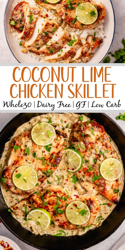 This Whole30 coconut lime chicken skillet is a gluten free, dairy free, and paleo chicken recipe that is made all in one pan! The creamy coconut sauce and chicken breasts are perfectly seasoned with lime, onion, cilantro and garlic. It all comes together in about 30 minutes, and is great for an easy Whole30 dinner that's family friendly, or a healthy meal prep recipe for lunches during the week. #coconutchicken #whole30chicken #whole30skillet #onepanmeal Low Carb Beef And Broccoli, Chicken Coconut, Coconut Lime Chicken, Dairy Free Recipes Dinner, Whole30 Dinner Recipes, Dairy Free Low Carb, Easy Whole 30 Recipes, Whole 30 Meal Plan, Whole30 Dinner