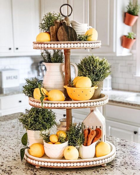 Kitchen Counter Styling Ideas, Summer Deck Decor, Three Tiered Tray, Kitchen Tray Decor, Summer Tiered Tray Decor, Summer Tiered Tray, Lemon Kitchen Decor, Summer Decorations, Lemon Kitchen