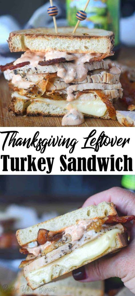 Turkey Bacon Sandwich, Bacon Sandwich Recipes, Leftover Thanksgiving Sandwich, Bacon Alfredo, Turkey Sandwiches Recipes, Thanksgiving Leftover, Bacon Grilled Cheese, Thanksgiving Leftover Recipes, Thanksgiving Turkey Leftovers