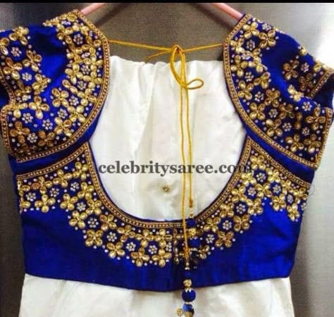 Love everything about this blouse! The deep Royal blue with the dark gold sequins which are perfectly placed to give it a full but not overwhelming look. The short sleeves are so cute too! Love this look for a sangeet or garba - something where the bride is flooding to be dancing a lot and the work will shine. #Indianwedding, #ShaadiShop Magam Works, Blouse Designes, Indian Blouses, Magam Work, Blue Blouse Designs, Designer Sari, Indian Celebrity, Kundan Work, Saree Blouse Neck Designs