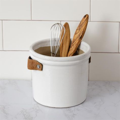 White Pottery Crock With Leather Handles | A Cottage in the City