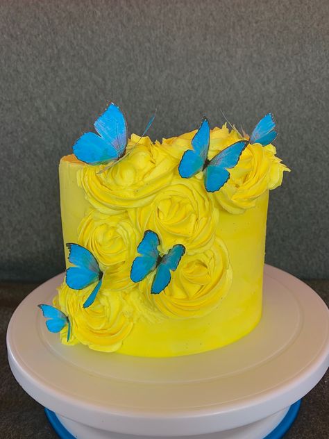 #butterfly #butterflycake #yellowcake #bluebutterfly #rosecake #butterflyrosecake #butterflyrose #cake #birthdaycake #birthday #cakedesign #birthdaydesign #girl #yellow #design #baked #chocolate #chocolatecake #love #cakedecorating #cakelove #realcake #fullcake #bake #bakinglove #sprinkles #buttercream #buttercreamcake #caking #baking #bakingwithlove #cakedesign #butterfly #yummy #blue #spring #happiness #mybakingpalace Yellow Butterfly Cake, Blue And Yellow Birthday Cake, Butterfly Birthday Cakes, Miniature Cake, Yellow Cake, Butterfly Cakes, Yellow Butterfly, Butterfly Birthday, Rose Cake