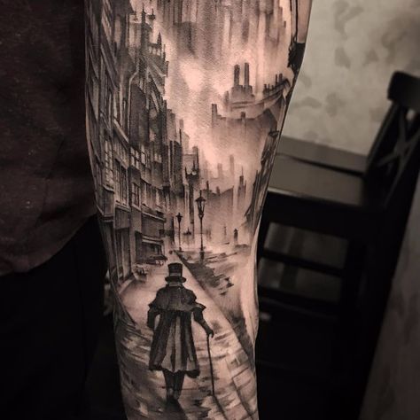 tattoodo | The Ripper Walks Alone by Andy Blanco #AndyBlanco #blackwork #blackandgrey #illustrative #realism #realistic #buildings #cityscape #London #Victorian #man #fog #smoke #window #tattoooftheday | Tattoodo Inside Bicep Tattoo, Tattoo Time Lapse, Holy Grail Tattoo, Unique Hand Tattoos, Holy Spirit Tattoo, Skyline Tattoo, Army Tattoos, Victorian Man, City Tattoo