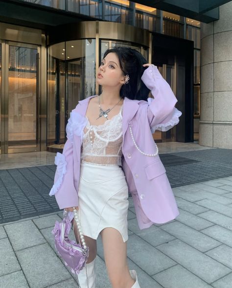 Purple Outfit Mood Board, Purple Corset Outfit, Purple Outfit Ideas Casual, Purple Outfit Ideas, Purple Fashion Outfit, Fashion Inspo Casual, Douyin Fashion, Outfit Ideas Korean, Corset Outfits