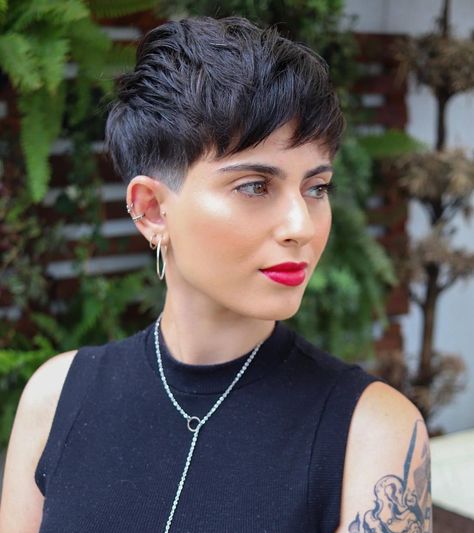 Thick Choppy Pixie with Undershave Undercut Pixie Dark Hair, Short Dark Pixie Haircuts, Buzzed Hair Women Black, Dark Brown Pixie Haircut, Pixie Cut Brown Hair, Dark Brown Pixie, Very Short Pixie Haircut, Dark Pixie Cut, Pixies Haircut