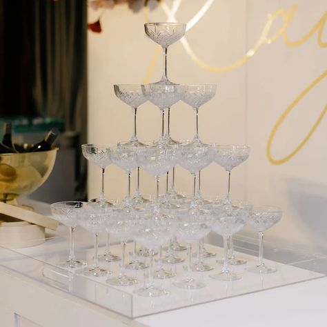 Etched Coupe Champagne Tower & Tray Set - 30pc - The Pretty Prop Shop - Auckland Wedding and Event Hire Elegant Glasses, Auckland Wedding, Glass Candy Jars, Holiday 2024, Champagne Tower, Glass Tea Light Holders, Bar Glassware, Tray Set, Drip Tray