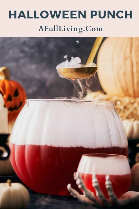 Need the perfect spooky drink for big-batch cocktails? This Halloween Punch is ideal for Halloween parties when you want to serve a crowd! If serving this for the whole family, you can omit the alcohol. It's perfect for spooky season, especially when served with bubbling dry ice! Halloween Punch Alcohol, Halloween Drinks Alcohol Punch, Halloween Party Punch Recipes, Spooky Halloween Punch, Dry Ice Halloween, Halloween Punch Bowl, Dry Ice Drinks, Party Punch Alcohol, Halloween Party Punch