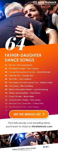 No pressure Ladies, but your father-daughter dance is one of the most iconic moments of your wedding. It’s your symbolic ‘goodbye’ and a way to say ‘thanks for everything, Dad’ (especially if he’s footing the bill), so it’s got to be on point and something you love. Take inspiration from our list of father-daughter dance songs below. #fatherdaughterdance #weddingdance #weddingdances #weddingsongs #weddingmusic #wedding #bride #father #dad #songs Father And Daughter Songs Wedding, Father And Bride Dance Songs, Father And Daughter Wedding Dance Songs, Songs For Father Daughter Dance Wedding, Father And Daughter Dance Songs, Quince Songs, Dad Songs, Dance Wedding Songs, Father Daughter Wedding Dance