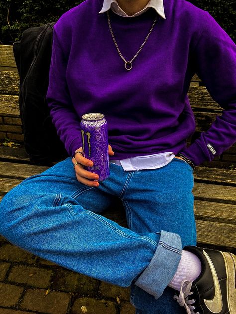 Men’s Purple Sweater Outfit, Purple Outfits For Men Casual, Purple Crewneck Outfit Men, Purple Fits Aesthetic Men, Purple And Black Outfits Men, Purple T Shirt Outfit Men, Purple Boy Aesthetic, Purple Tshirt Outfits Men, Purple Crewneck Outfit