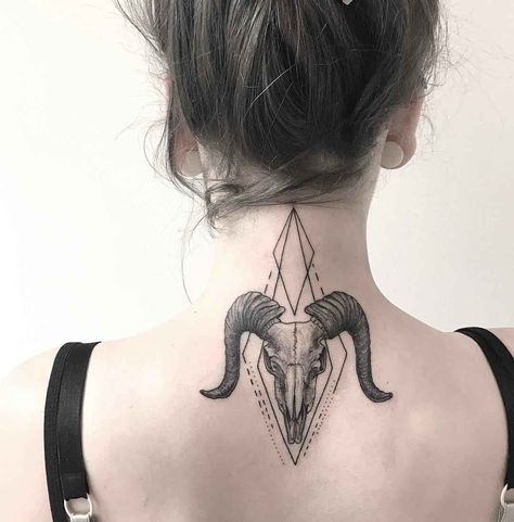 ram skull tattoo on neck nape Skull Neck Tattoo, Tattoo Ram, Ram Skull Tattoo, Star Sign Tattoo, Aries Tattoo Designs, Nape Tattoo, Aries Tattoos, Tattoo Son, Tattoos On Back