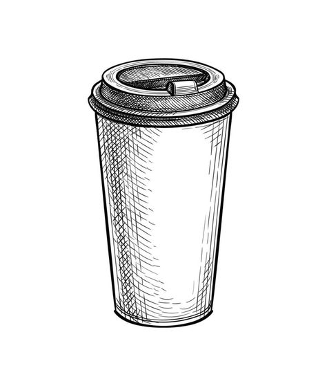 Coffee to go. Paper or plastic cup with lid. Ink sketch mockup isolated on white background. Hand drawn vector illustration. Retro style. Cup Sketch, Coffee Cup Drawing, To Go Coffee Cups, Loaf Cakes, Coffee Drawing, Reusable Coffee Cup, Hand Drawn Vector Illustrations, Coffee To Go, Cup With Lid