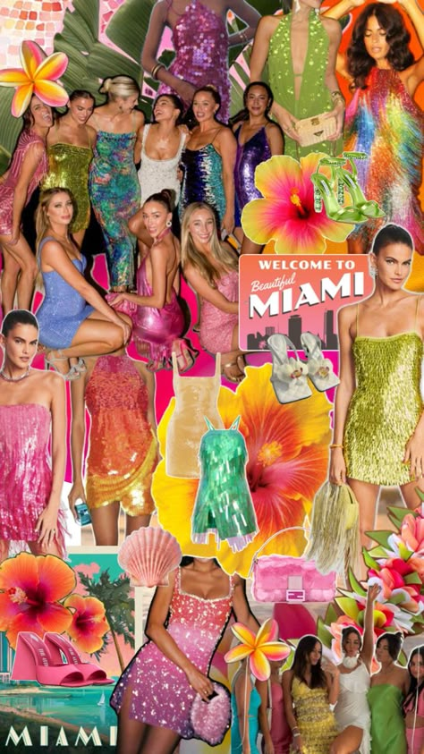 miami bachelorette party | chic-i-tiki theme | miami club outfits & aesthetic. Pink, yellow, orange, green dresses, sequins, sparkles, mini dress, sequin dress, pink heels, green heels, sequin purse, girl group, bachelorette, party, girls, Hawaiian flower, hibiscus, flower, tropical, tropical flowers, sunset picture. Miami Vice Party, Bachelorette Outfit Themes, Miami Vice Theme, Bachelorette Miami, Miami Outfits Night, Hens Party Themes, Miami Bachelorette, Miami Bachelorette Party, Miami Party