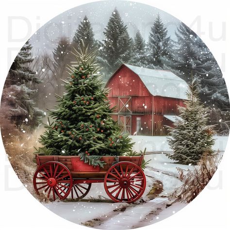 Christmas Art On Wood, Christmas Tree Patterns Free Printable, Nativity Images, Christmas Wagon, Christmas Art Prints, Christmas Barn, Snowy Cabin, Digital Downloads Printables, Farmhouse Ornaments