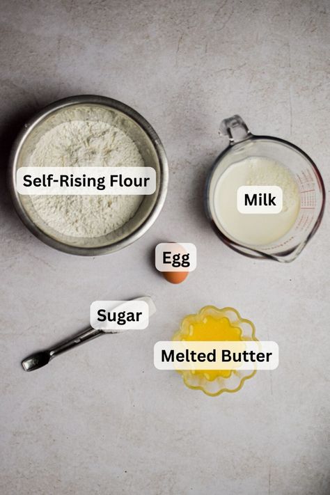 The ingredients for pancakes with self-rising flour are labeled. Self Raising Flour Pancakes, Self Rising Flour Pancakes Recipes, Pancakes With Self Rising Flour, Self Raising Flour Recipe, Self Rising Flour Recipes, Butter Pancake Recipe, Homemade Pancake Batter, Crumpet Recipe, Easy Homemade Pancakes