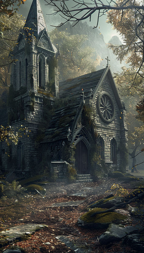 Abandoned looking church in the fall Abandoned Places Drawing, Crypt Aesthetic, Abandoned Church Aesthetic, Gothic Church Aesthetic, Abandoned House Aesthetic, Creepy Scenery, Abandoned Cathedral, Abandoned Chapel, Matt Painting