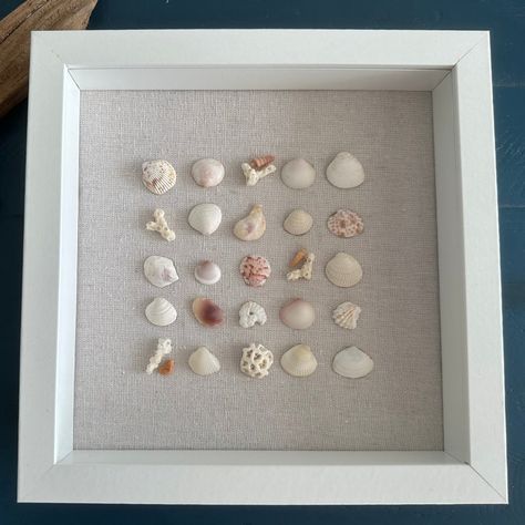 Experience the peaceful serenity of the sea in your home with our one-of-a-kind 8x8 Seashell Art,lovingly-made by hand, ensuring its individuality and the beauty of the seashells. The small pink Calico Scallop Shell serves as the anchor, with complimentary colors, sizes & types of shells arranged artfully around it. The artwork is then secured onto a linen fabric, finally framed in durable, eco-friendly MDF wood with a protective glass cover to ensure years of enjoyment. Shell Decorations Diy, Shells In Shadow Boxes, Canvas With Shells, Shells On Canvas Seashell Art, Shells In Frame, Canvas Shell Art, Framing Seashells, Seashell Keepsake Ideas, Framed Shell Art