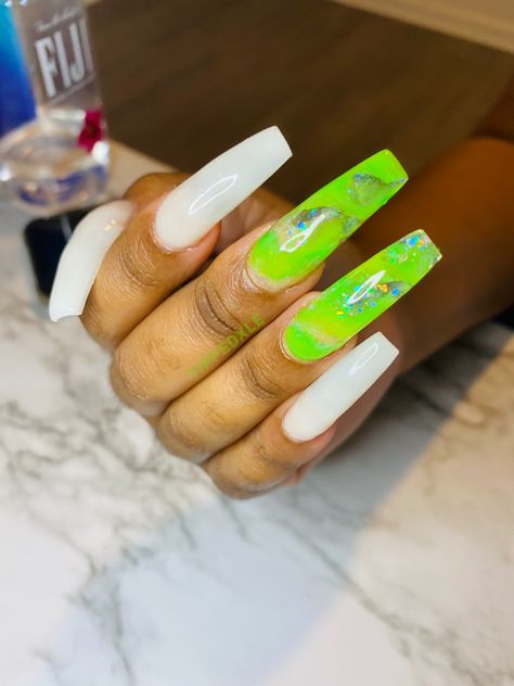 Full Set. Lime Green Nails. Cum White Nails. Nut nails. Lime Green Prom Nails, White And Neon Green Nails, White And Lime Green Nails, Short Nail Designs Lime Green, Lime Green Black And White Nails, Neon Green French Tip Nails Coffin, Lime Green Nails Design, Lime Green Nail Tips, Lime Green Coffin Acrylic Nails