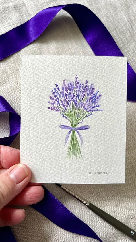 Lavender Bouquet Painting, Purple Card Ideas, Watercolor Flowers In Jar, Lavender Bouquet Drawing, Lavender Watercolor Painting, Cute Watercolor Art, Watercolor Lavender Flowers, Watercolor Bouquet Of Flowers, Lavender Drawing