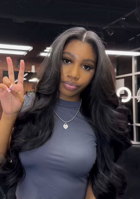 Sew In With Loose Curls, Curled Middle Part Sew In, Middle Part Sew In Styles, Long Hair Sew In Black Women, 40 Inch Sew In, Loose Curls Hairstyles Black Women, Body Wave Leave Out, Beach Wave Sew In, Black Hair Sew In