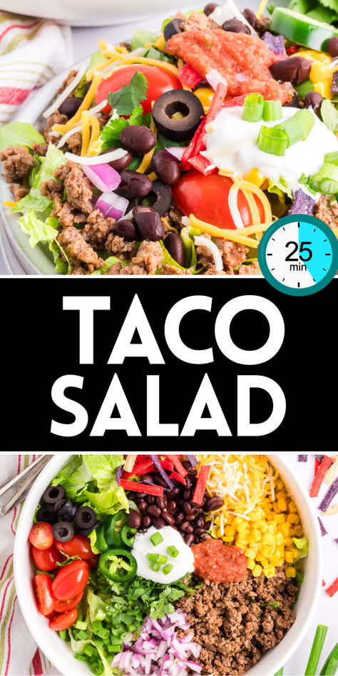 Beef taco salad in a white bowl. Zesty Pasta Salad, Easy Salads To Make, Easy Taco Salad Recipe, Taco Salad Recipe, Tortilla Strips, Taco Salad Recipes, Easy Salad, Easy Taco, Dinner With Ground Beef