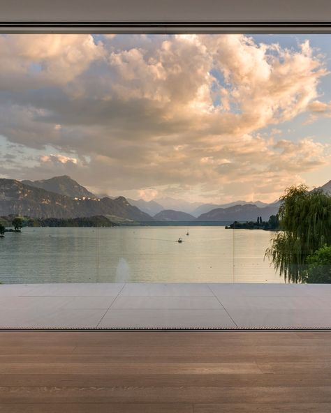 Our eyes have forward-facing visual field of over 210°. Perfectly suited to this view over Lake Lucerne in Switzerland.⁠ ⁠ Architecture: Ursula Vial⁠ Photography: Andrin Winteler⁠ Switzerland Lake House, Switzerland Architecture, Switzerland Lake, Lake Lucerne, Green Architecture, Lucerne, House 2, Safe Place, Dream Home Design