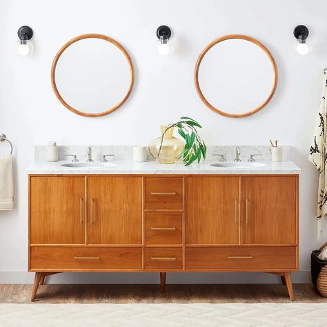 Bathroom Vanities | Signature Hardware Teak Bathroom Vanity, Teak Bathroom, Teak Vanity, Teak Mirror, Quartz Vanity Tops, Undermount Sinks, Vanity Basin, Double Sink Vanity, Marble Vanity Tops