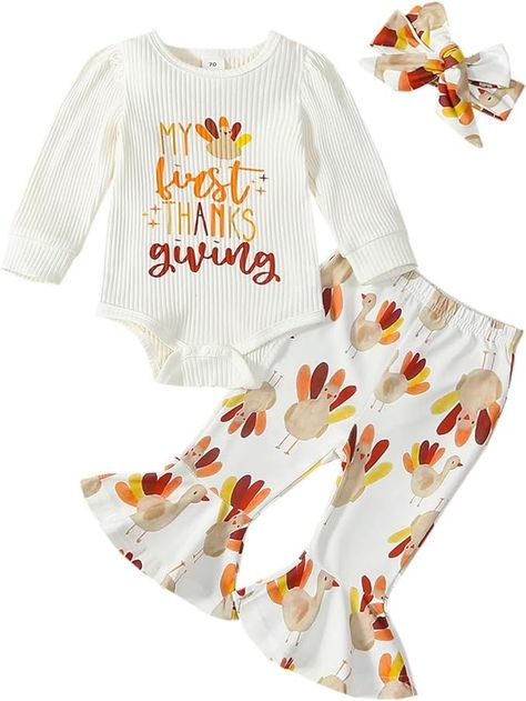 wybzd Baby Girl Outfit Infant Rib Ruffle Long Sleeve Romper Onesie Top Bell-Bottom Denim Pants Sets Cute Clothes Thanksgiving Onesie, My First Thanksgiving, 1st Thanksgiving, Printed Bell Bottoms, Thanksgiving Baby Outfits, Girls Thanksgiving Outfit, Thanksgiving Clothes