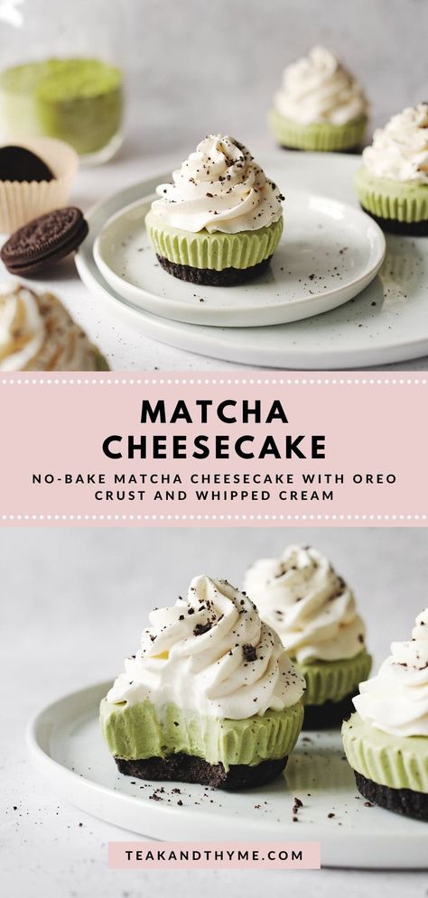 Cheesecake With Oreo Crust, Matcha Dessert Recipes, Oreo Crust Cheesecake, Matcha Cheesecake, Matcha Dessert, Oreo Cookie Crust, Green Tea Recipes, Matcha Recipe, Oreo Crust