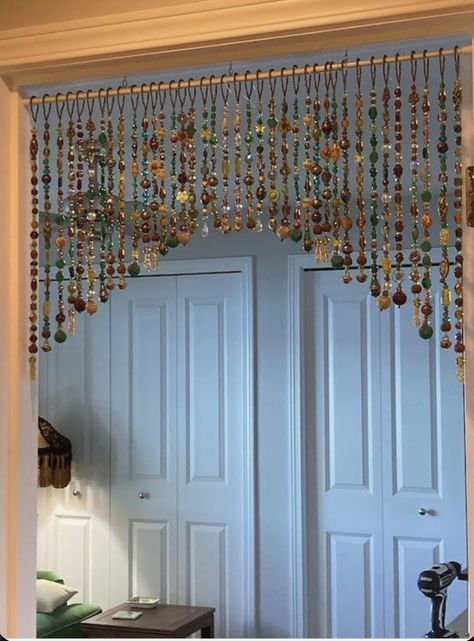 Bead Closet Curtains, Door Beaded Curtains, Door Curtain Beads, Beaded Curtain Doorway, Beaded Room Divider, Beaded Wall Decor, How To Make Beaded Curtains, Door Beads Curtain Diy, Closet Door Curtain Ideas