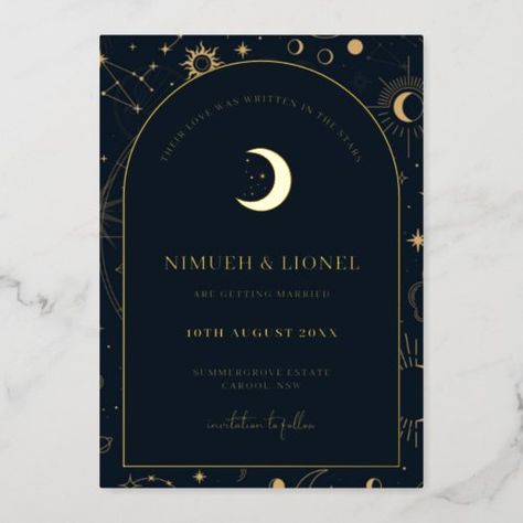 $3.95 | Celestial Written in the stars Save the Date Foil | Popular Save the Date Cards | save the date, celestial wedding, star sign tarot moon stars, under the stars, written in the stars, celestial invitation, sun moon witches wizards, mystic elements galaxy, magic universe, unique trendy Magic Universe, Foil Save The Dates, Celestial Elements, Written In The Stars, Celestial Wedding, Date Invitation, Foil Wedding Invitations, Ball Design, Foil Invitations