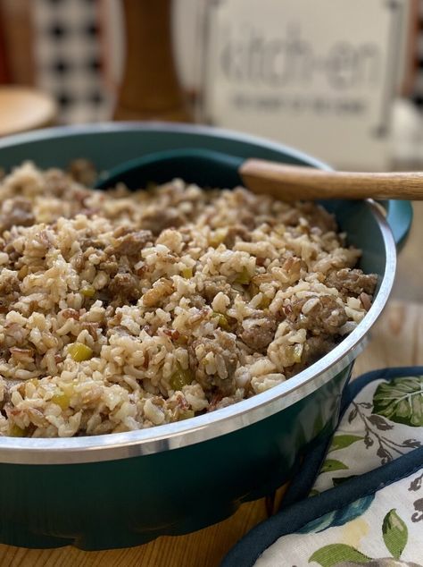 Sausage and Rice Stuffing — Savvy Italian Italian Sausage Rice Stuffing, Italian Rice Stuffing Thanksgiving, Italian Rice Stuffing, Sausage And Rice Stuffing, Rice Stuffing Thanksgiving, Rice Stuffing Recipes, Roasted Pork Belly Recipe, Wild Rice Stuffing, Sausage And Rice Casserole