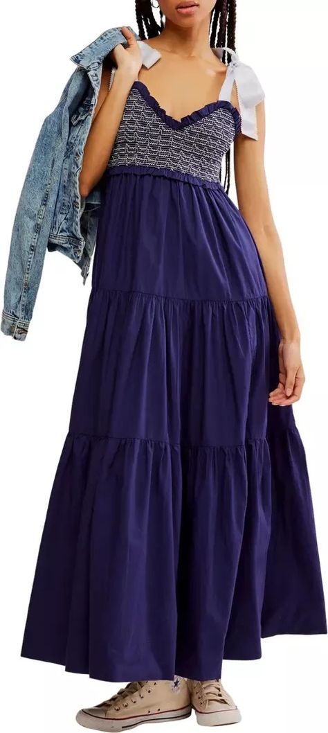 Free People Bluebell Smocked Bodice Tiered Maxi Sundress | Nordstrom | Nordstrom Sun Dress Casual, Solid Maxi Dress, Contemporary Dresses, Maxi Sundress, Daytime Dresses, Tiered Maxi Dress, Free People Dress, Fall Dresses, Pullover Styling