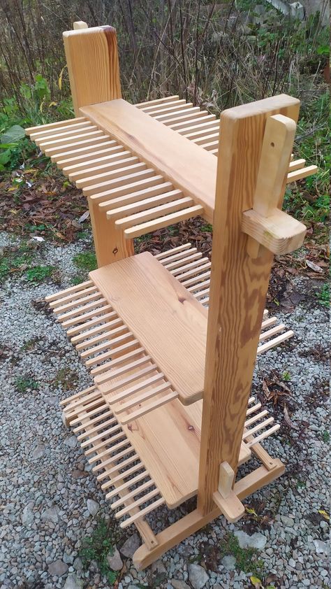 "Swedish wooden stand rack for  weaving loom reeds (30 pcs) GAV Glimakra AB 24\" X 20\" X 20\"(111 cm X 50 cm X 55 cm) Shipping will be via FedEx. Only stand for sale. Item will be well packed and sent in 1 - 2 business days. Do not hesitate to contact us and ask any questions. Follow us on Instagram! @antiquexdesign Visit our Etsy shop for Christmas ornaments and other items. https://www.etsy.com/shop/AntiqueXmas?ref=hdr_shop_menu" Rug Rack Display, Wood Casket, Swedish Weaving, Weaving Loom, Bent Wood, Rustic Kitchen Decor, Wood Craft, Wooden Stand, Loom Weaving