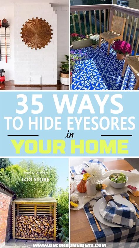 Best Ways To Hide Eyesores In Your Home. Looking for some inexpensive ways to hide utility boxes, old or dirty spaces around your home? These are the best ways to hide eyesores in your home. #decorhomeideas via @decorhomeidea Hide Eyesores In Your Home, Hide Surge Protector, Hide Duct Work Ideas, Hide Clutter Ideas, How To Hide Storage Bins, Hide Storage Bins, Hiding Alcohol, Storage Bins Diy, Diy Hiding Places