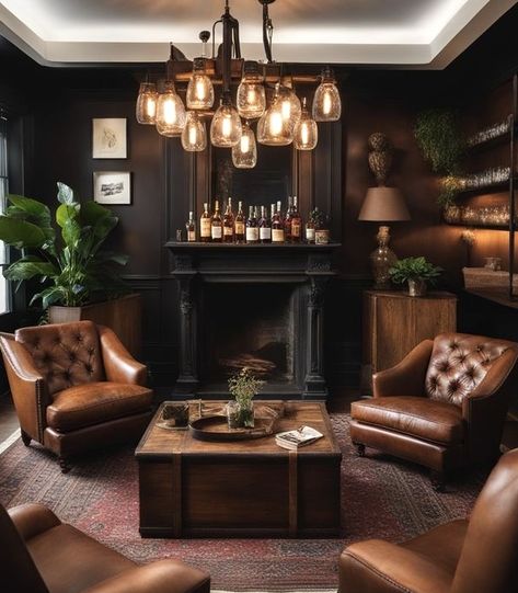 Home Gentlemans Lounge, Mens Whiskey Room, Whiskey Room Lighting, Moody Entertainment Room, Bourbon Lounge Room, Moody Bourbon Room, Moody Home Library Office, Whisky Room Interior Design, Whiskey Lounge Home Ideas