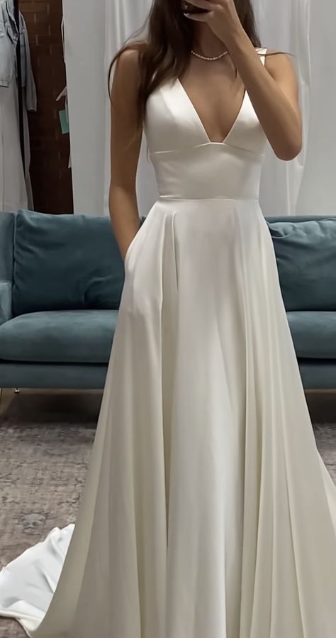 Plane White Wedding Dress, Satin Deb Dress, Wedding Dress V Neck A Line, Simple High Neck Wedding Dress, Classic Wedding Dress Satin, Cap Sleeve Wedding Dress A Line, Wedding Dresses Simple Silk, Wedding Dress For Wide Shoulders, Wedding Dresses 2024 Trend New