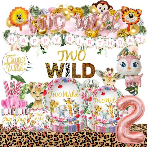 Two Wild Birthday Party Girl Decorations, 2nd Bday Theme, Two Wild Birthday Decorations, Girl 2nd Birthday Themes, 2 Wild Birthday Party Girl Cake, Wild Birthday Decorations, Born Two Be Wild Food Ideas, Party Animal Girl Birthday, Two Wild Birthday Party Girl