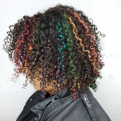 Brown Rainbow Hair, Rainbow Highlights, Brown Rainbow, Snacks Under 100 Calories, Curly Color, Dyed Curly Hair, 100 Calorie Snacks, Highlights Curly Hair, Hot Pink Hair