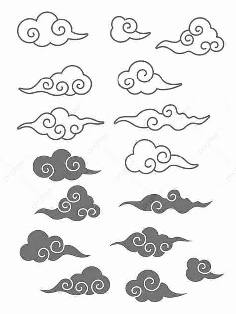 Chinese Clouds Drawing, Swirly Cloud Drawing, Nimbus Cloud Tattoo, Chinese Cloud Tattoo, Cloud Line Drawing, Nimbus Tattoo, Sushi Doodle, Nirmana Batik, Asian Clouds