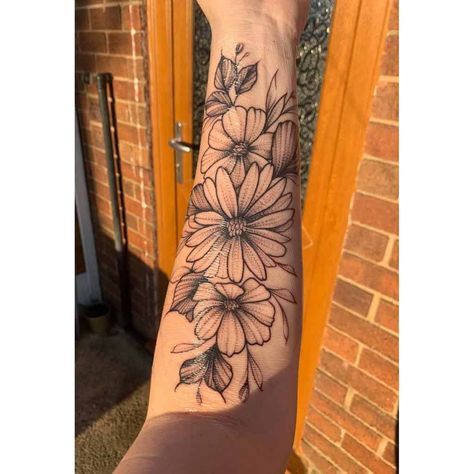 Top 53+ Best Aster Flower Tattoo Ideas - [2021 Inspiration Guide] Aster Sleeve Tattoo, Daisy Arm Sleeve Tattoo, Mum Flower Tattoo Ideas, Aster Shoulder Tattoo, Aster Flower Tattoo Sleeve, Daisy And Aster Flower Tattoo, Rose And Aster Flower Tattoo, Astor Flower Tattoo, Asters Flower Tattoo