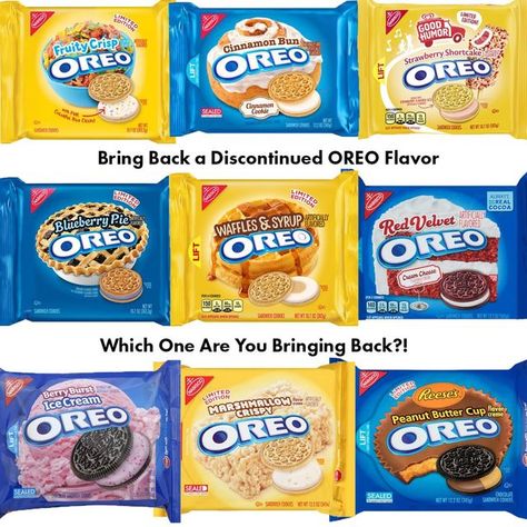 Snackolator on Instagram: "It's National OREO Day - So Which Discontinued Flavor Are You Bringing Back?! I posted over 40 different discontinued @oreo flavors last year and I think these are 9 flavors that got the most hype to bring back... So which flavor are you bringing back? For me I'd love to try the Fruity Crisp or Blueberry Pie because I never got to try them, but I also know how good the Red Velvet and Cinnamon Bun flavors are. What are you bringing back for #NationalOreoDay? . . . Oreo Flavors Weird, Weird Oreo Flavors Real, Funny Oreo Flavors, Oreo Pop Tarts, National Oreo Day, Board Snacks, Weird Flavors, Weird Oreo Flavors, Splatoon Food